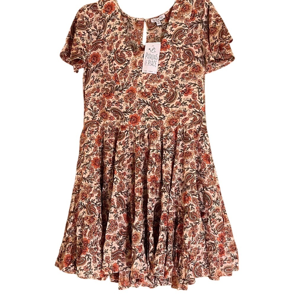 Patrons of Peace Womens XS Orange Floral Paisley Boho Mini Dress NWT‎ J1102F03
